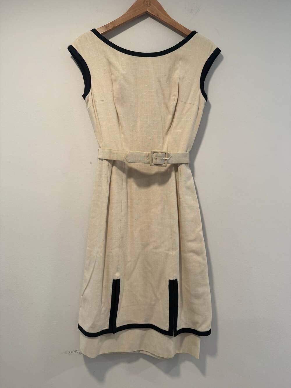 VTG 1950s-60s Lord & Taylor Fifth Ave Belted Midi Dress Cream Black Piping JL